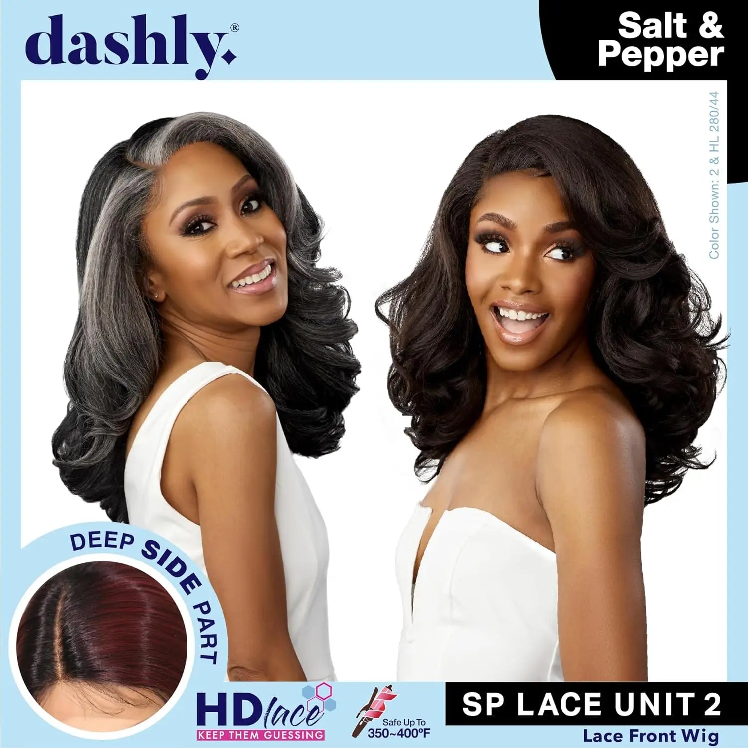 Sensationnel Dashly HD Lace Front Wig Salt N Pepper SP Unit 2 - Blow Out Style, Grey Wig, Natural Style, Heat Safe