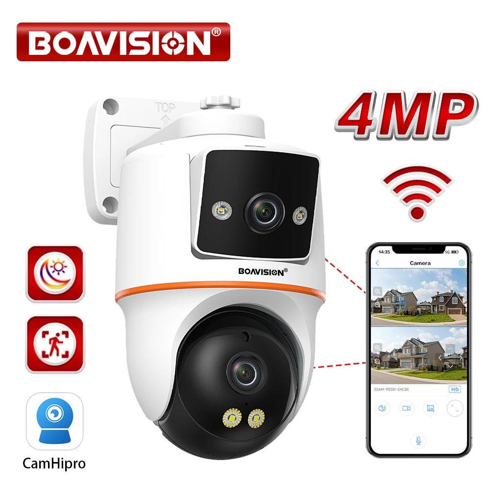 4MP Wifi Surveillance Camera Outdoor Dual-Lens Dual-Screen PTZ AI Human Detection Auto Tracking Two Way Audio Security Camera