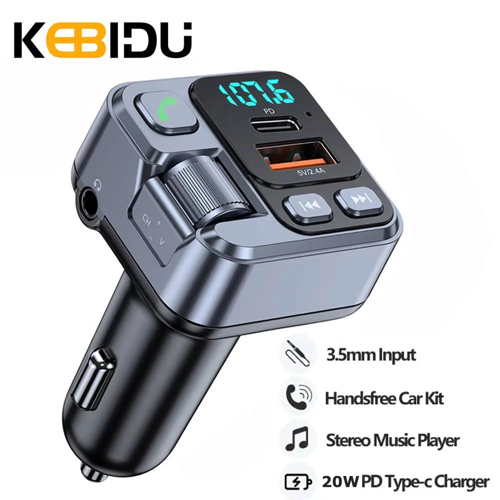Bluetooth 5.1 Car FM Transmitter Car MP3 Stereo Music Player Handsfree 3.5mm Aux Wireless Car Kit 20W PD USB-C Fast Charger