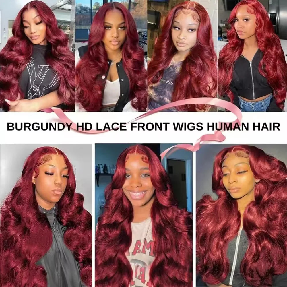 Burgundy 99j 13x4 Hd Lace Frontal Wig Body Wave 13x6 Lace Front Wig HD Transparent Brazilian Human Hair Preplucked 99j Red Color
