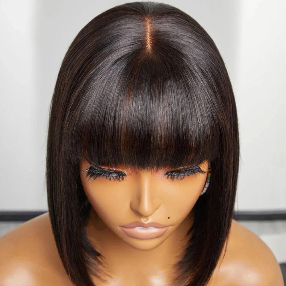 Rebecca Straight Bob Lace Wigs Glueless Straight Human Hair Wigs With Bangs Fringe Middle Part Bob Lace Wigs Realistic Scalp