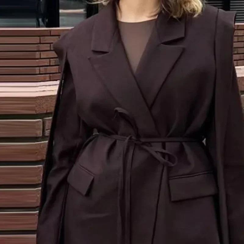 Fashion Stripe Lapel Suit Jacket Women Casual Loose Patchwork Tassel Design Belt Coat 2025 Spring Lady Street Commute Outerwears