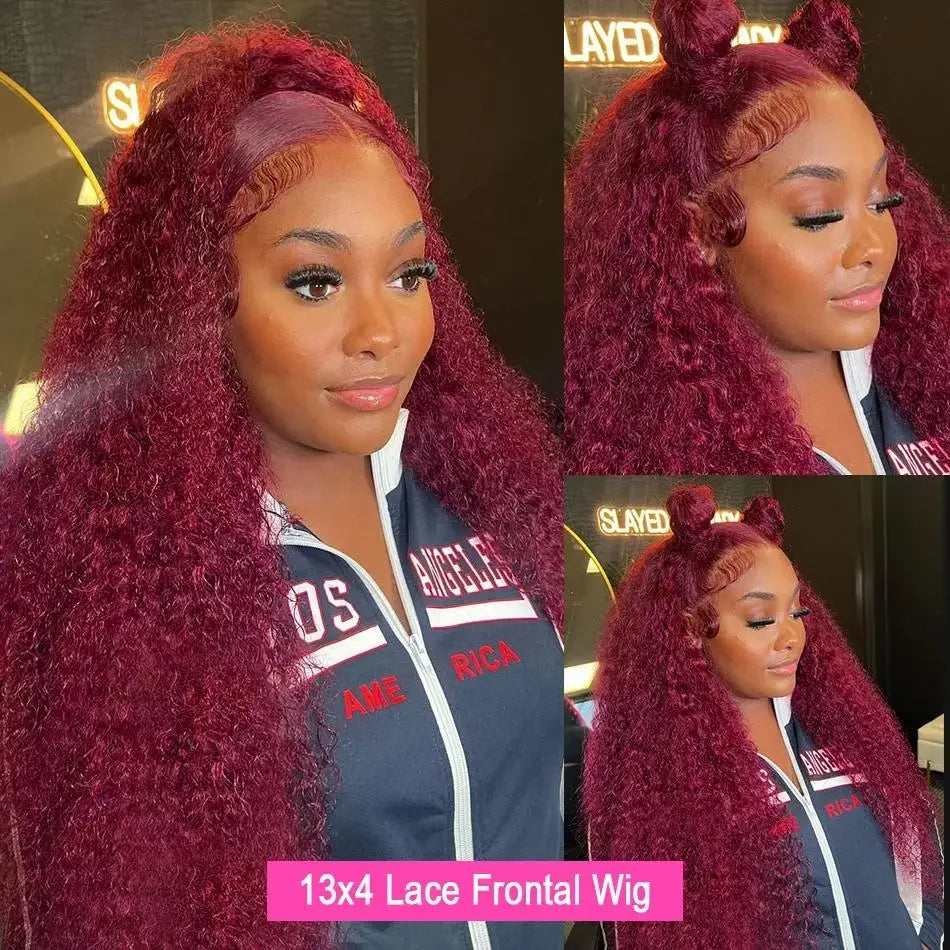 Burgundy 13x6 Hd Lace Frontal Human Hair Wig Deep Wave Curly Human Hair Wigs Water Wave Colored 99j Red 30 Inch Lace Front Wig