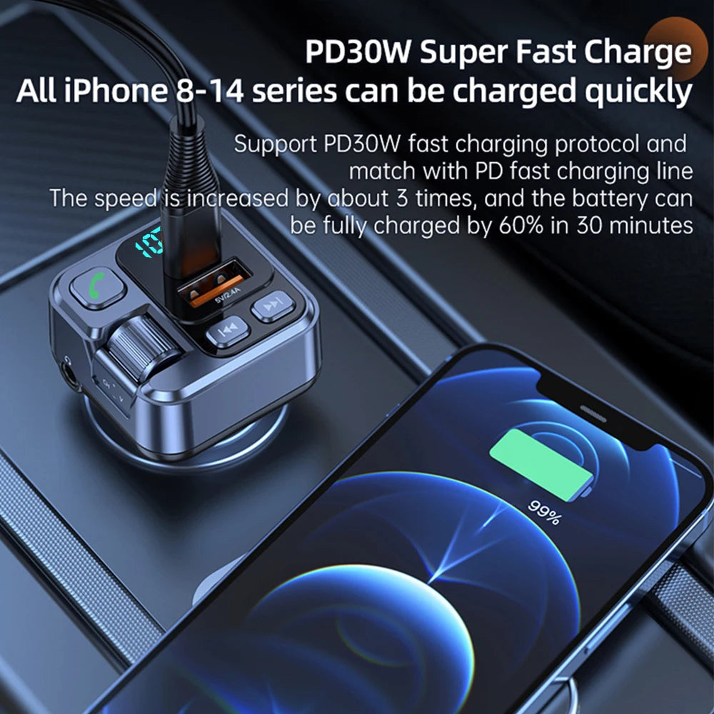 Bluetooth 5.1 Car FM Transmitter Car MP3 Stereo Music Player Handsfree 3.5mm Aux Wireless Car Kit 20W PD USB-C Fast Charger