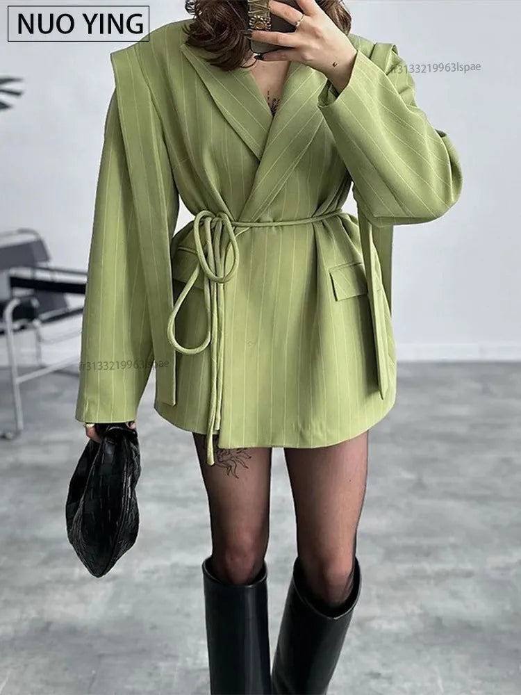 Fashion Stripe Lapel Suit Jacket Women Casual Loose Patchwork Tassel Design Belt Coat 2025 Spring Lady Street Commute Outerwears