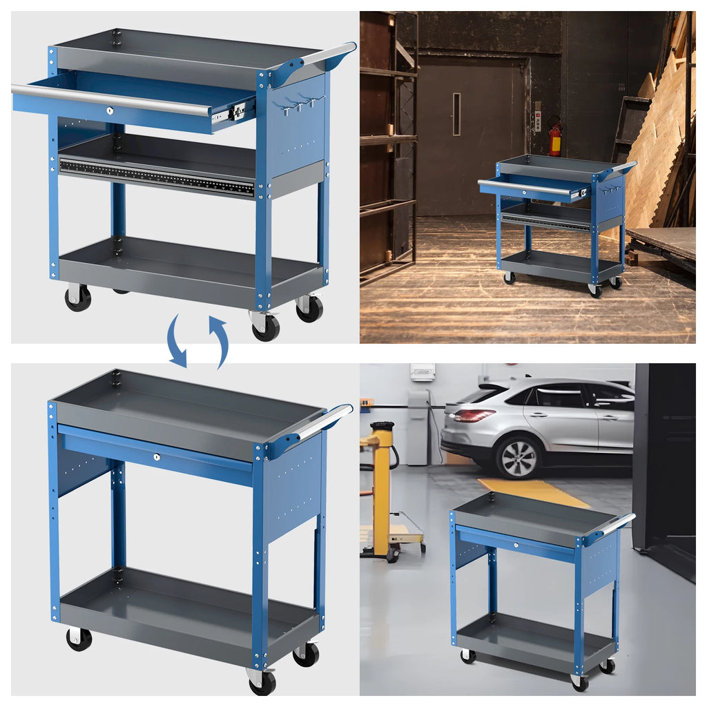 AIRAJ 3 Tier Rolling Tool Cart on Wheels,Metal Heavy Duty Mechanic Cart with Drawers and Pegboard,440 LBS Capacity Utility Cart