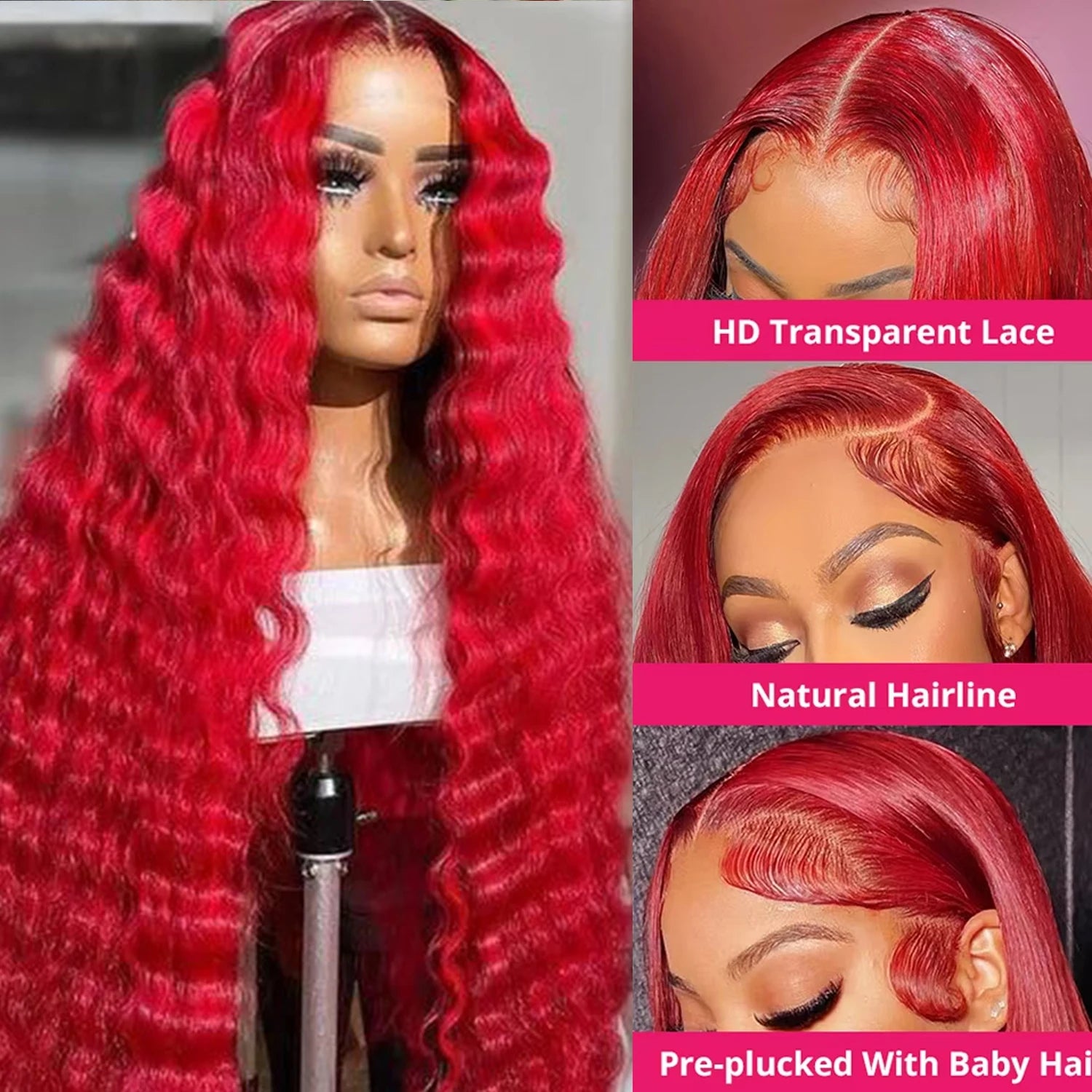 210% Density Red Lace Front Wigs Human Hair Red Deep Wave Lace Front Wigs Human Hair 13x6 Red Transparent Lace Wigs For Women
