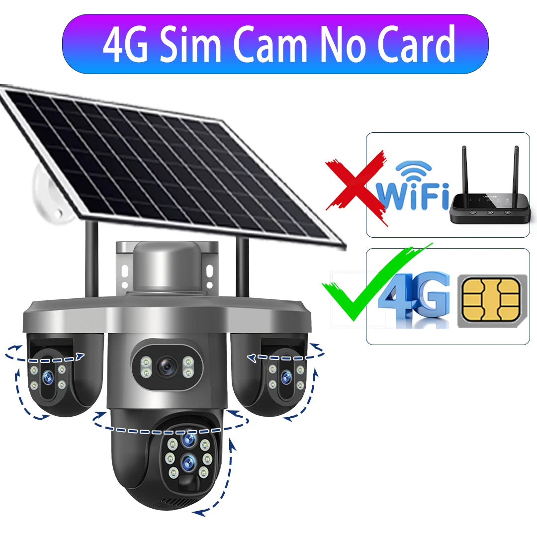 20MP 4G Sim Solar Camera WiFi 10X Optical Zoom 3-PTZ 4-Lens 3-Screens Outdoor Wireless Security Cameras Auto Tracking CCTV V380
