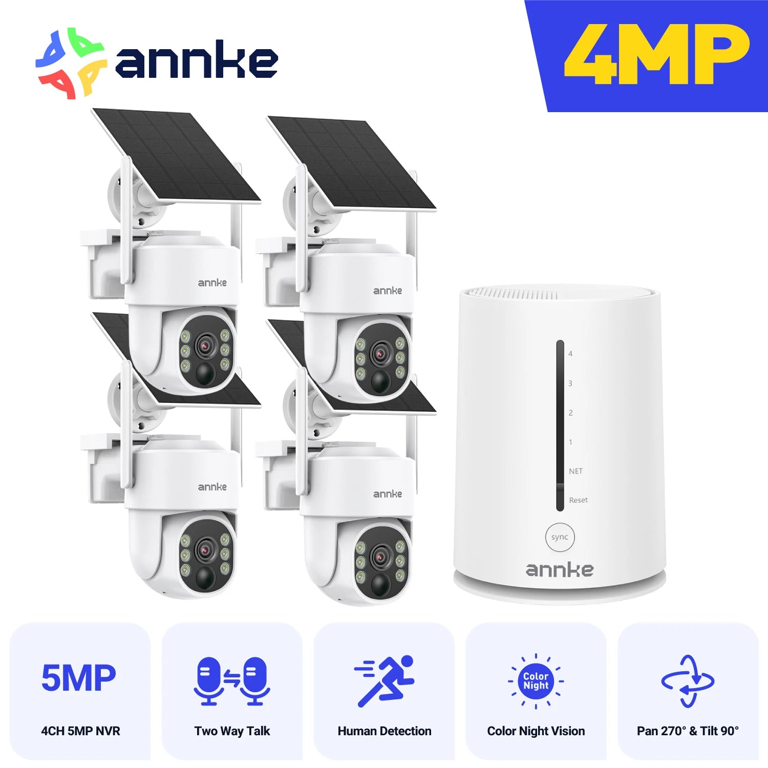 Annke 4MP solar security cameras 4CH Wireless NVR 4mm color night vision camera battery Audio 2.4G 5.8G dual-band WIFI Camera