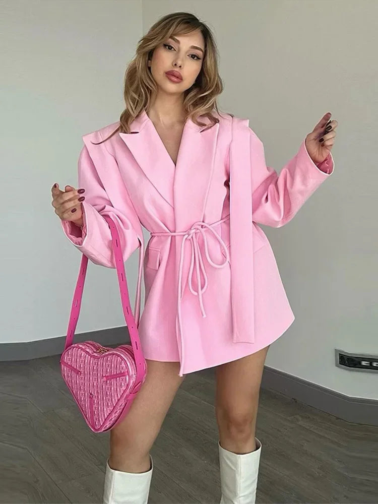 Fashion Stripe Lapel Suit Jacket Women Casual Loose Patchwork Tassel Design Belt Coat 2025 Spring Lady Street Commute Outerwears