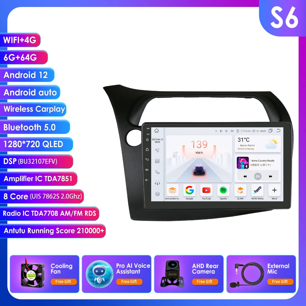 CarPlay Car Radio Multimedia Player for Honda Civic Hatchback 2005 2006 2007 2008 2009 2010 2011 Android Auto GPS 2din Autoradio