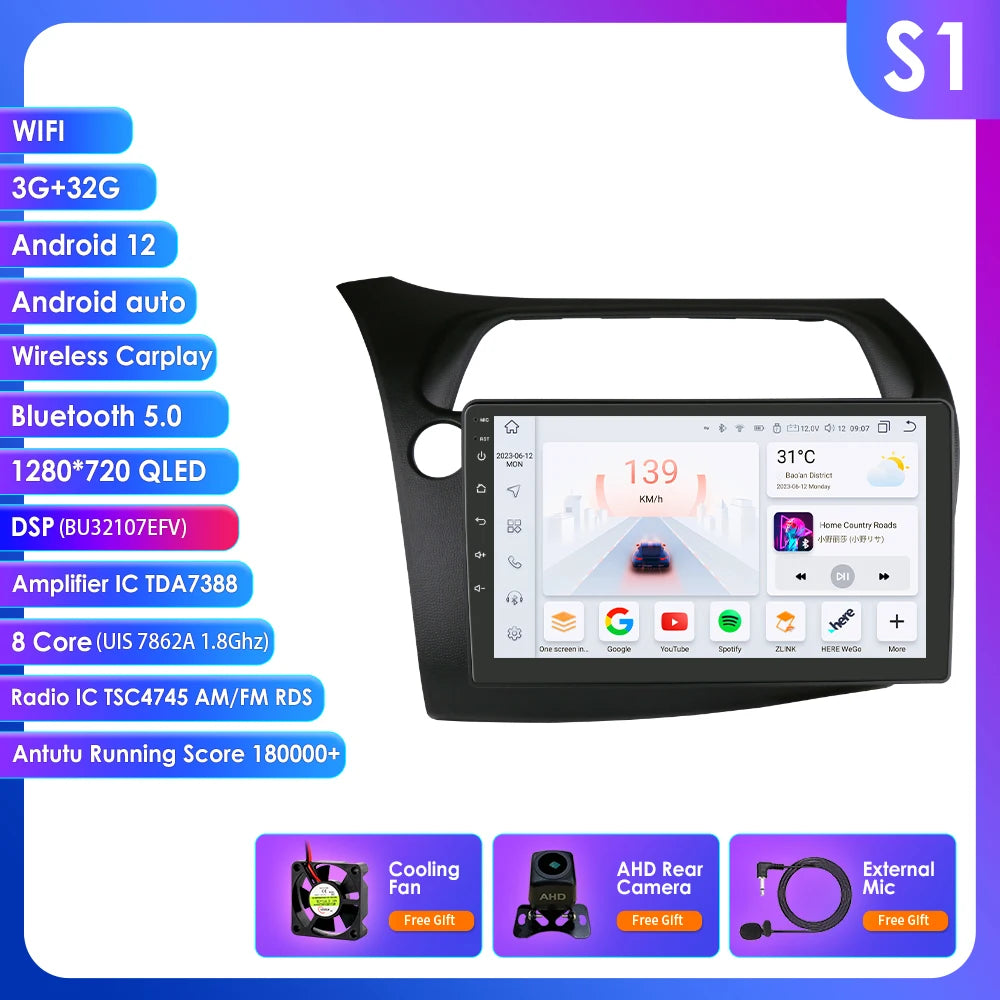 CarPlay Car Radio Multimedia Player for Honda Civic Hatchback 2005 2006 2007 2008 2009 2010 2011 Android Auto GPS 2din Autoradio