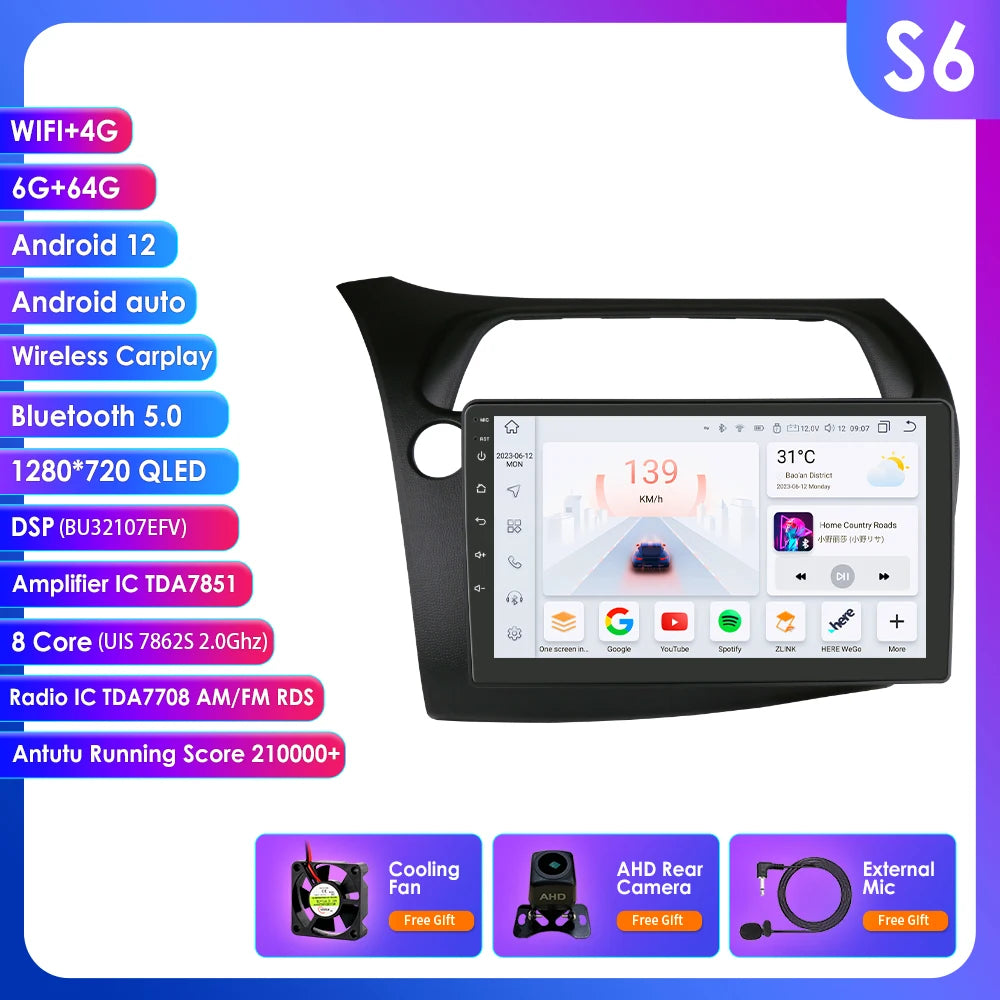 CarPlay Car Radio Multimedia Player for Honda Civic Hatchback 2005 2006 2007 2008 2009 2010 2011 Android Auto GPS 2din Autoradio