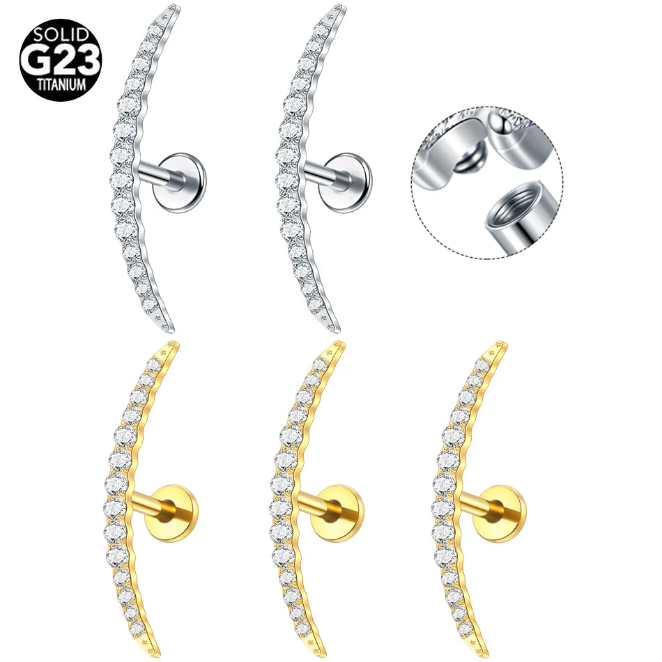 1/5PCS Titanium Crescent Moon Helix Piercing Stud Earrings For Women CZ Conch Flat Ear Lobe Piercings Cartilage Tragus Jewelry