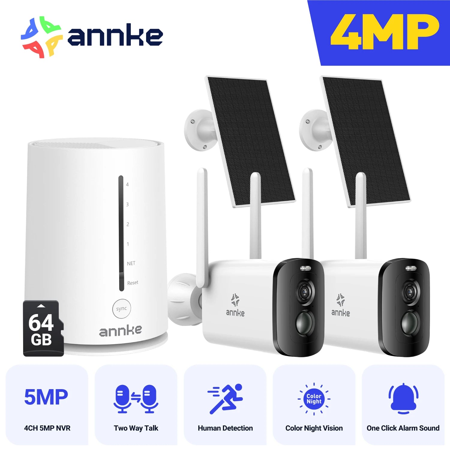 Annke 4MP solar security cameras 4CH Wireless NVR 4mm color night vision camera battery Audio 2.4G 5.8G dual-band WIFI Camera