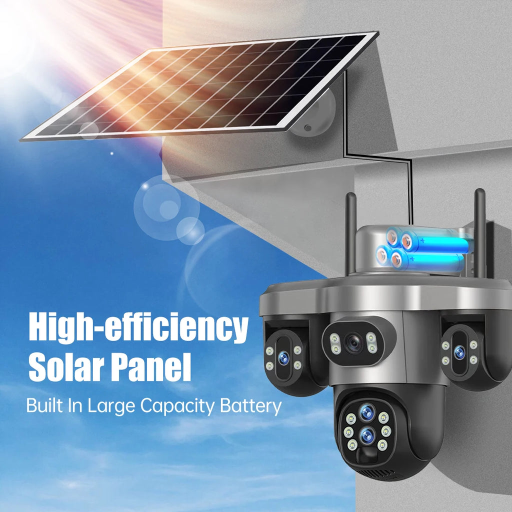 20MP 4G Sim Solar Camera WiFi 10X Optical Zoom 3-PTZ 4-Lens 3-Screens Outdoor Wireless Security Cameras Auto Tracking CCTV V380