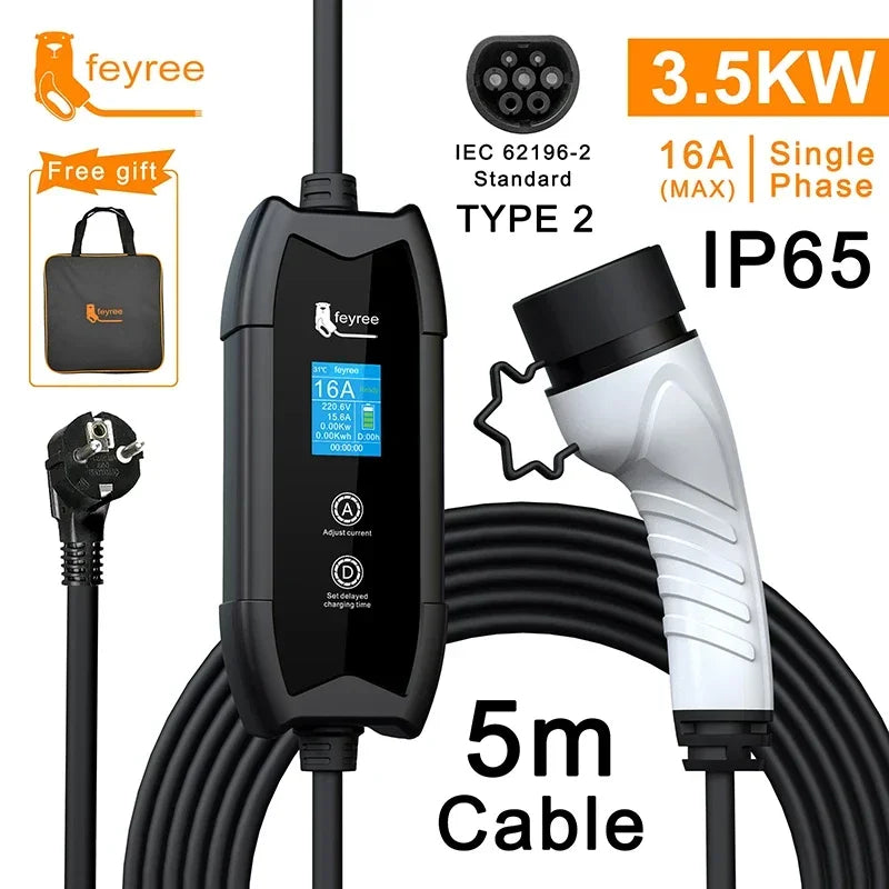 feyree EV Charger Portable Type2 16A 3.5kW Single Phase Adjust Current and Set Delay Time with Schuko Plug for Electric Vehicle
