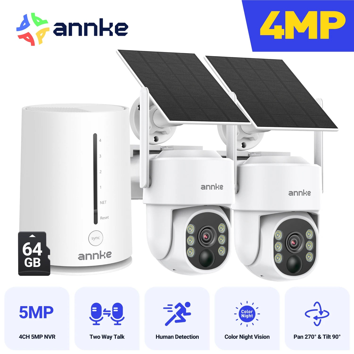 Annke 4MP solar security cameras 4CH Wireless NVR 4mm color night vision camera battery Audio 2.4G 5.8G dual-band WIFI Camera