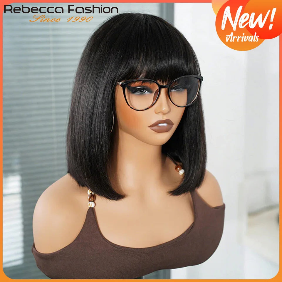 Rebecca Straight Bob Lace Wigs Glueless Straight Human Hair Wigs With Bangs Fringe Middle Part Bob Lace Wigs Realistic Scalp