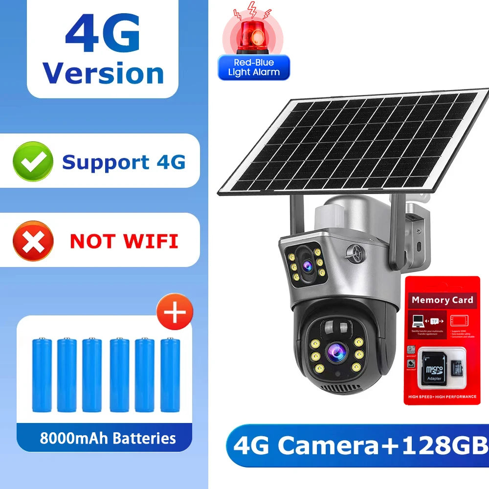 AIOOK Triple Lens 4G CCTV HD 15MP Solar Camera Outdoor Waterproof V380 Pro Camera Mobile Tracking Night Vision Lights Alarms