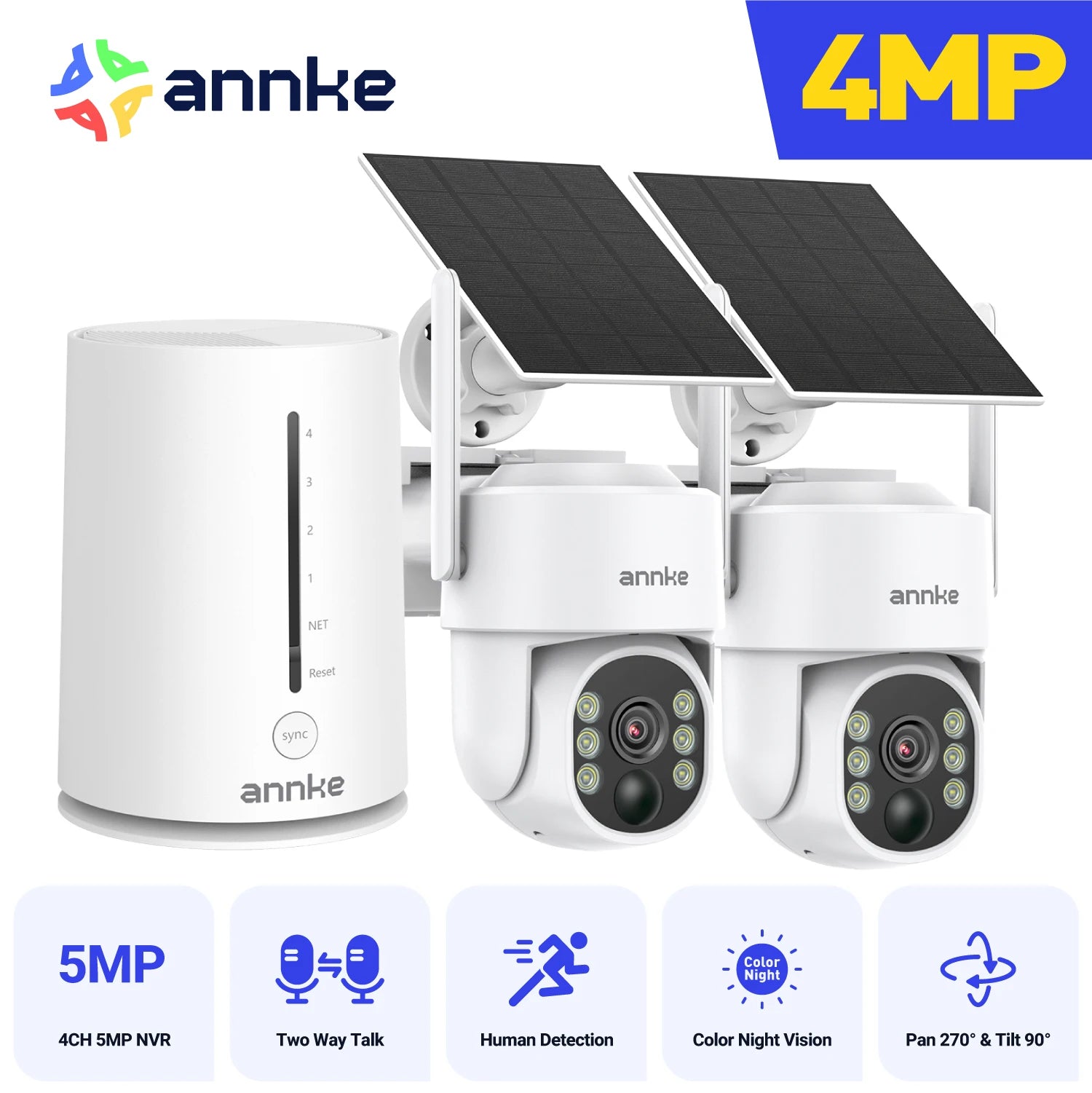 Annke 4MP solar security cameras 4CH Wireless NVR 4mm color night vision camera battery Audio 2.4G 5.8G dual-band WIFI Camera