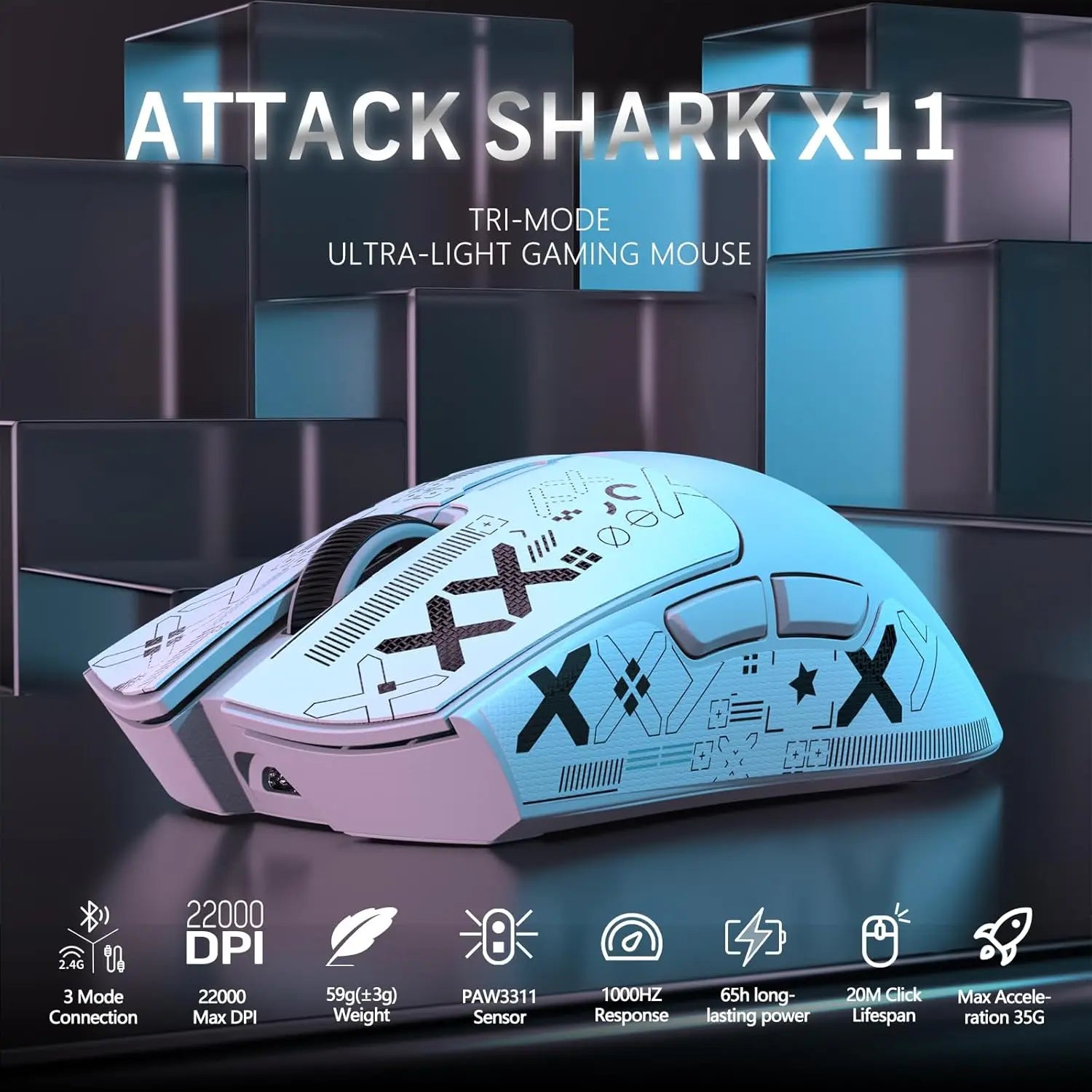 ATTACK SHARK X11 Gaming Mouse with Magnetic Charging Dock, PAW3311 Gaming Sensor, 22000 DPI