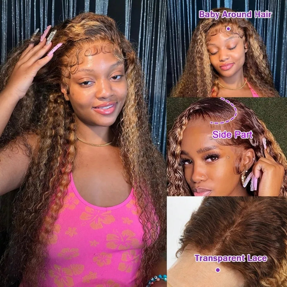 427 Highlight 360 Full Lace Wig Human Hair Pre Plucked Hd Deep Wave Frontal Wig Invisible Drawstring Curly Human Hair Wigs 32 In