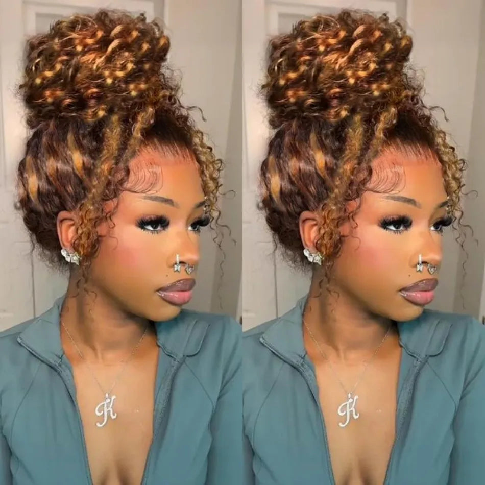 427 Highlight 360 Full Lace Wig Human Hair Pre Plucked Hd Deep Wave Frontal Wig Invisible Drawstring Curly Human Hair Wigs 32 In