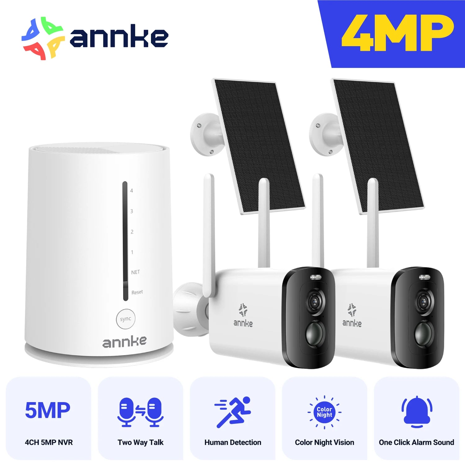 Annke 4MP solar security cameras 4CH Wireless NVR 4mm color night vision camera battery Audio 2.4G 5.8G dual-band WIFI Camera