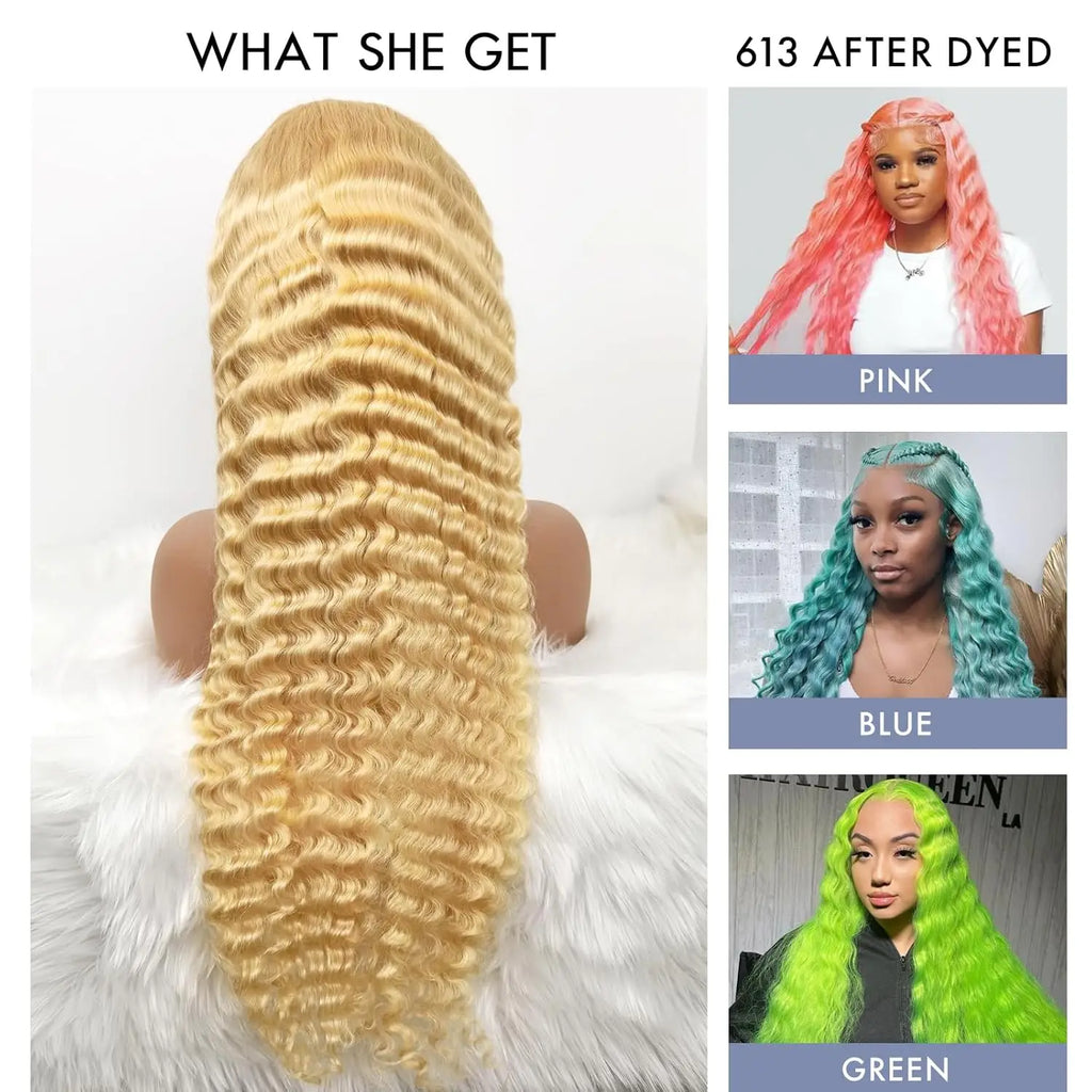 613 Lace Front Human Hair Curly Wig 180% Density 40Inch Honey Blonde Deep Wave Human Hair Wig 13x6 HD Transparent Lace Front Wig