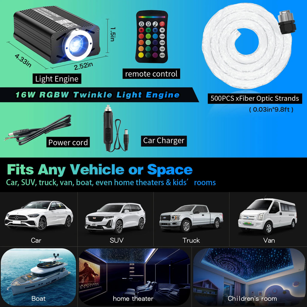 Car Roof Star Light Starry Sky Light RGBW APP Music Remote Control Starry Sky Ceiling Fiber Optic Interior Atmosphere Decorative