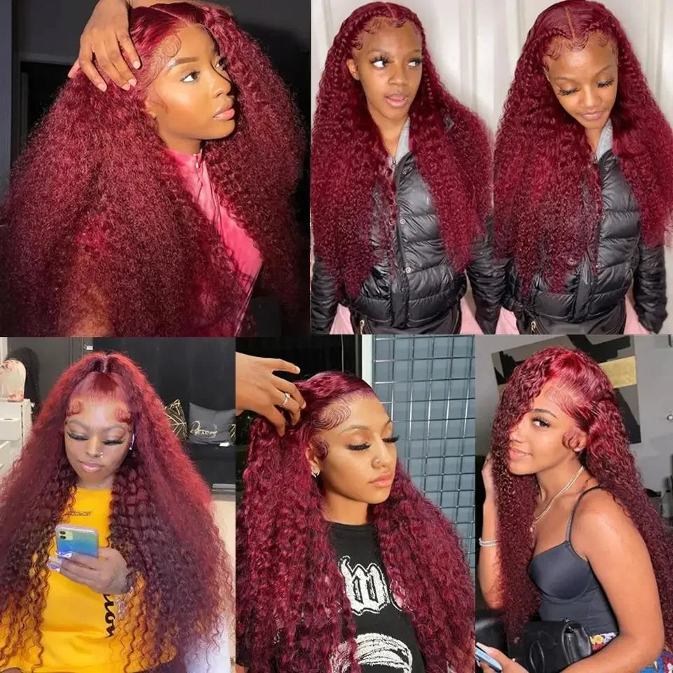 Burgundy 13x6 Hd Lace Frontal Human Hair Wig Deep Wave Curly Human Hair Wigs Water Wave Colored 99j Red 30 Inch Lace Front Wig