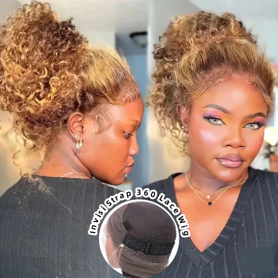 427 Highlight 360 Full Lace Wig Human Hair Pre Plucked Hd Deep Wave Frontal Wig Invisible Drawstring Curly Human Hair Wigs 32 In