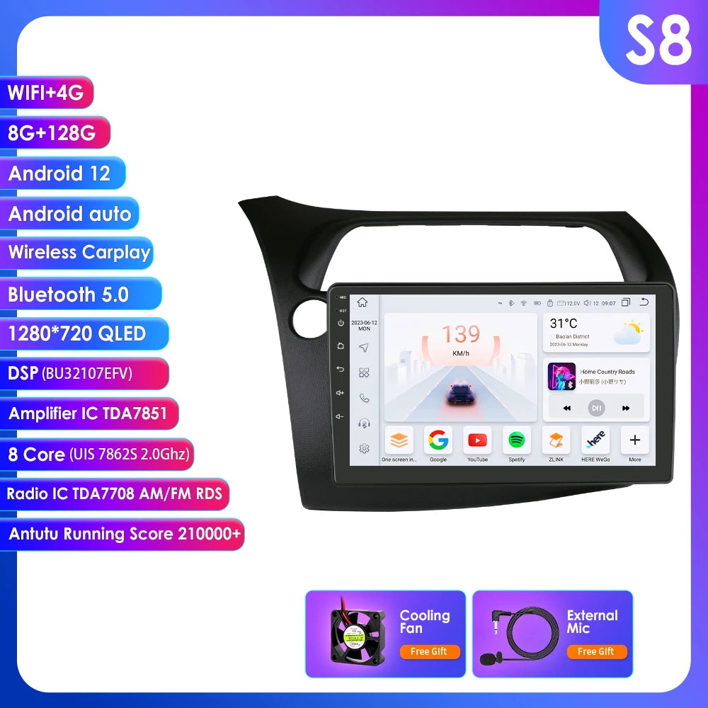 CarPlay Car Radio Multimedia Player for Honda Civic Hatchback 2005 2006 2007 2008 2009 2010 2011 Android Auto GPS 2din Autoradio