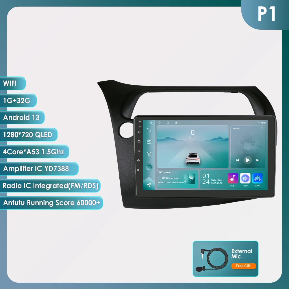 CarPlay Car Radio Multimedia Player for Honda Civic Hatchback 2005 2006 2007 2008 2009 2010 2011 Android Auto GPS 2din Autoradio