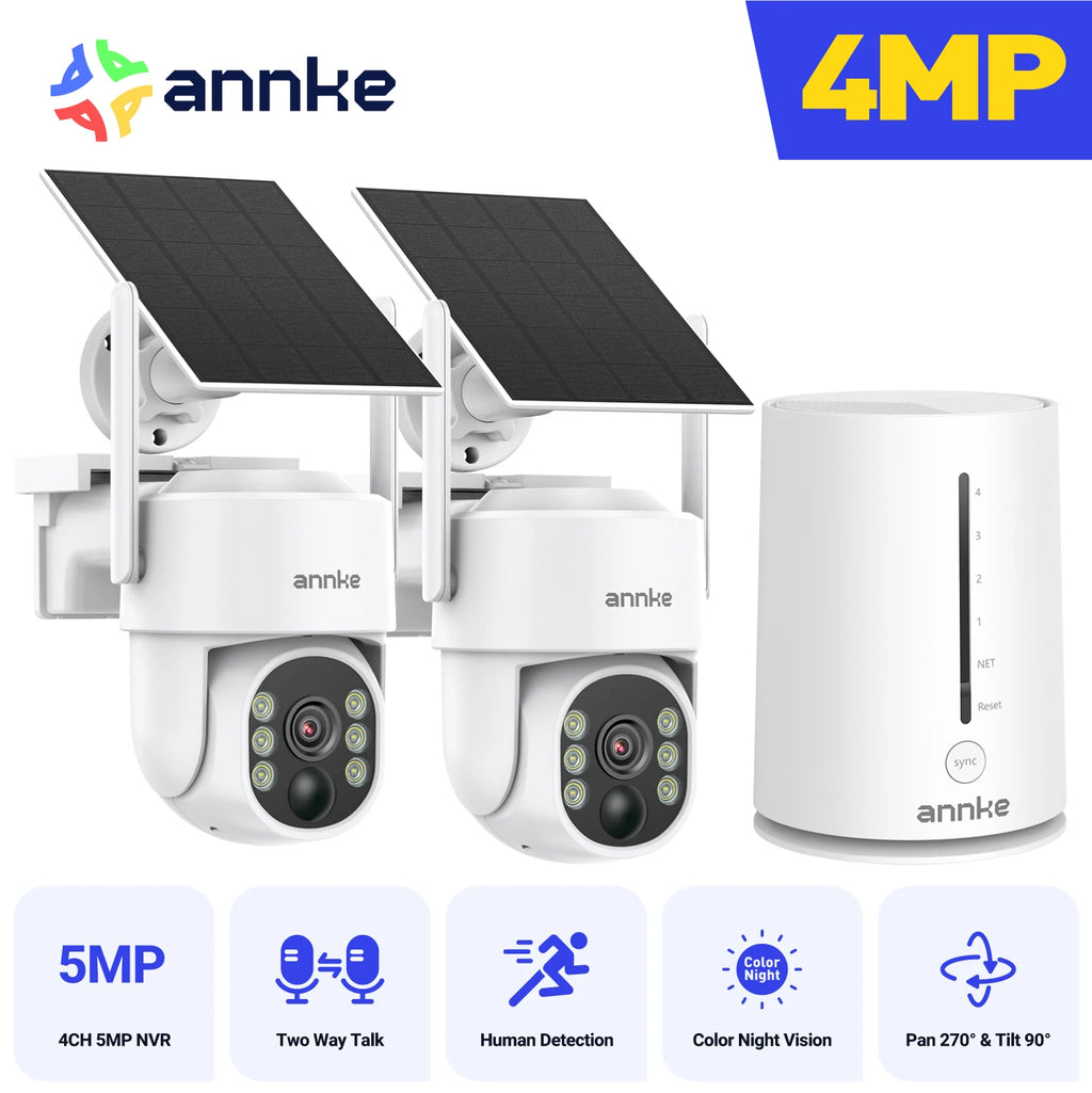 ANNKE 4MP Scalable Wireless Security Camera System 4CH 5MP Wireless Homebase NVR IP65 4MP PIR Two-way Audio Solar PT Camera