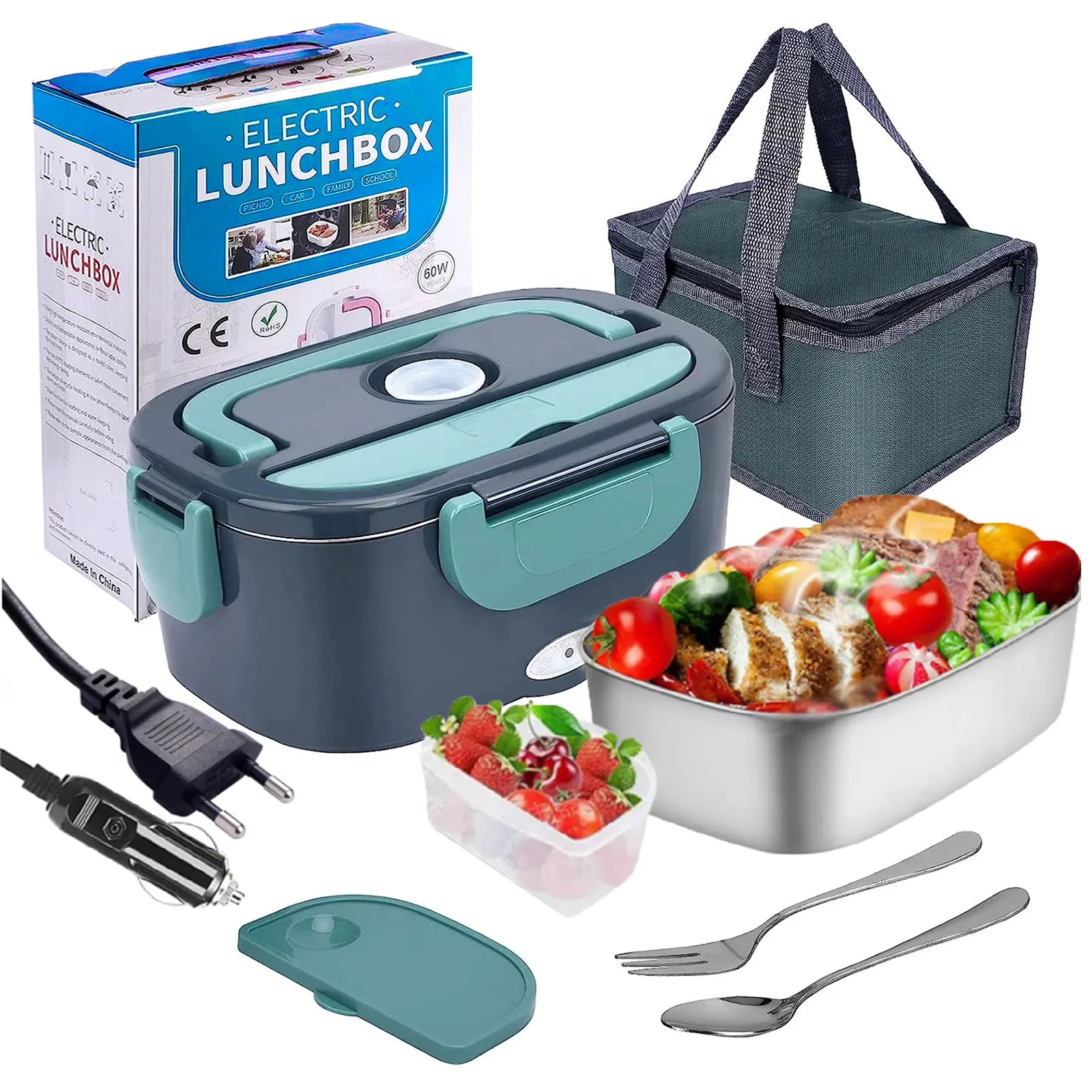 1.5L 60W 220V Electric Lunch Box, 220V Plug + Car Cigarette Lighter Plug, Heating for Lunch