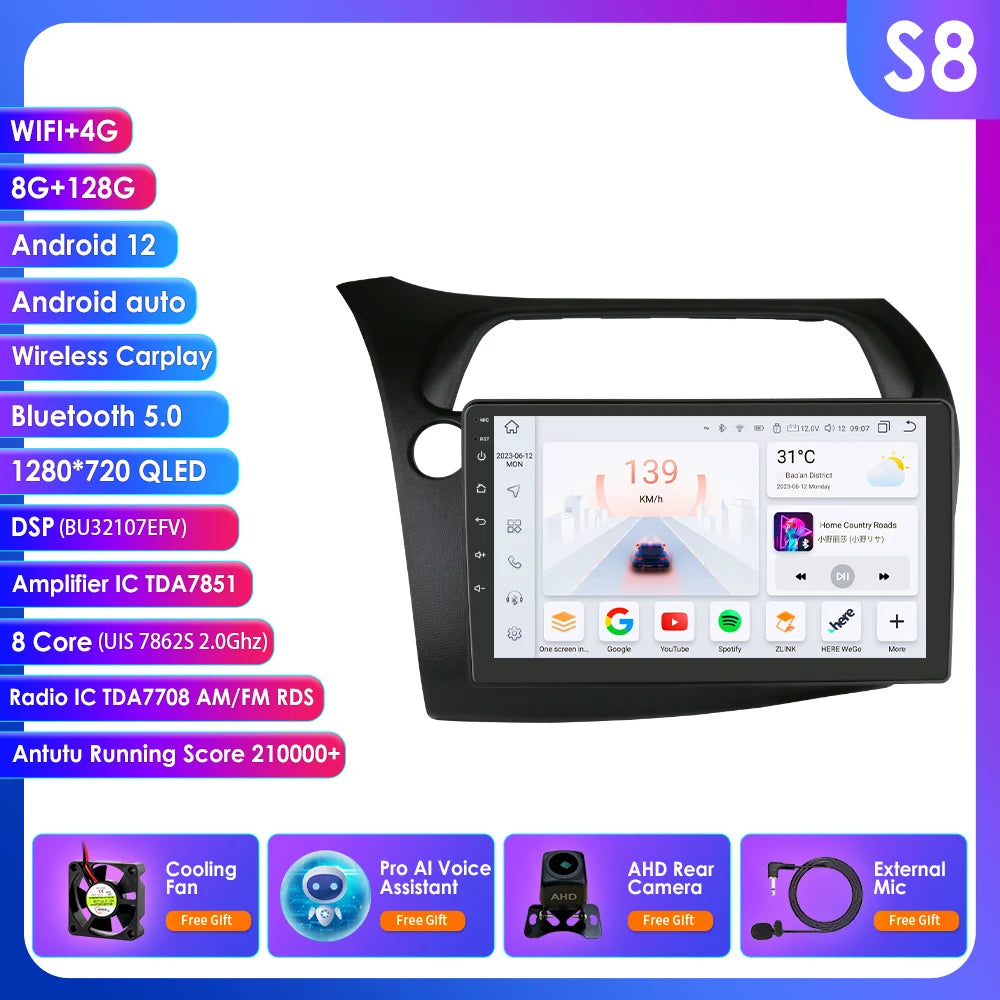 CarPlay Car Radio Multimedia Player for Honda Civic Hatchback 2005 2006 2007 2008 2009 2010 2011 Android Auto GPS 2din Autoradio