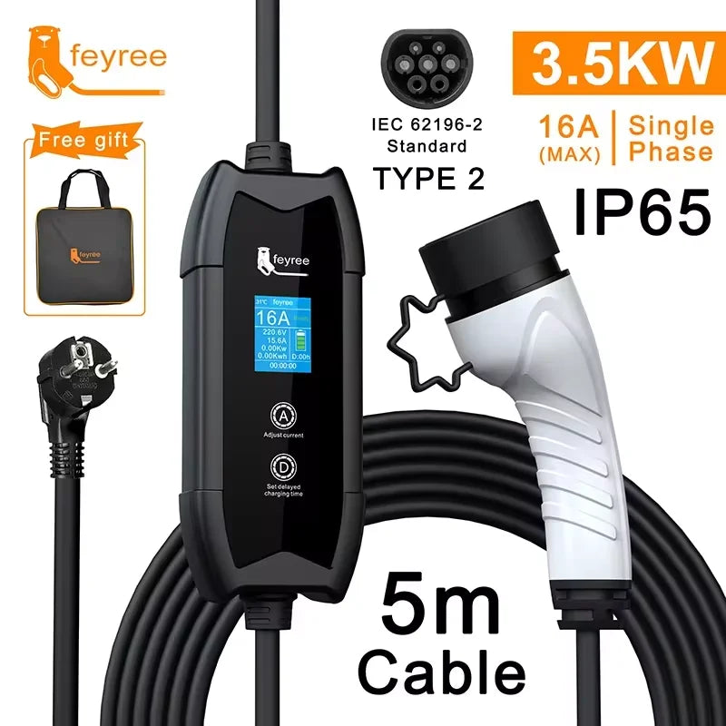 feyree EV Charger Portable Type2 16A 3.5kW Single Phase Adjust Current and Set Delay Time with Schuko Plug for Electric Vehicle