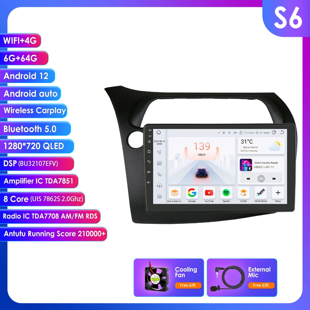 CarPlay Car Radio Multimedia Player for Honda Civic Hatchback 2005 2006 2007 2008 2009 2010 2011 Android Auto GPS 2din Autoradio