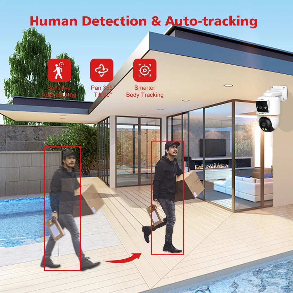 4MP Wifi Surveillance Camera Outdoor Dual-Lens Dual-Screen PTZ AI Human Detection Auto Tracking Two Way Audio Security Camera