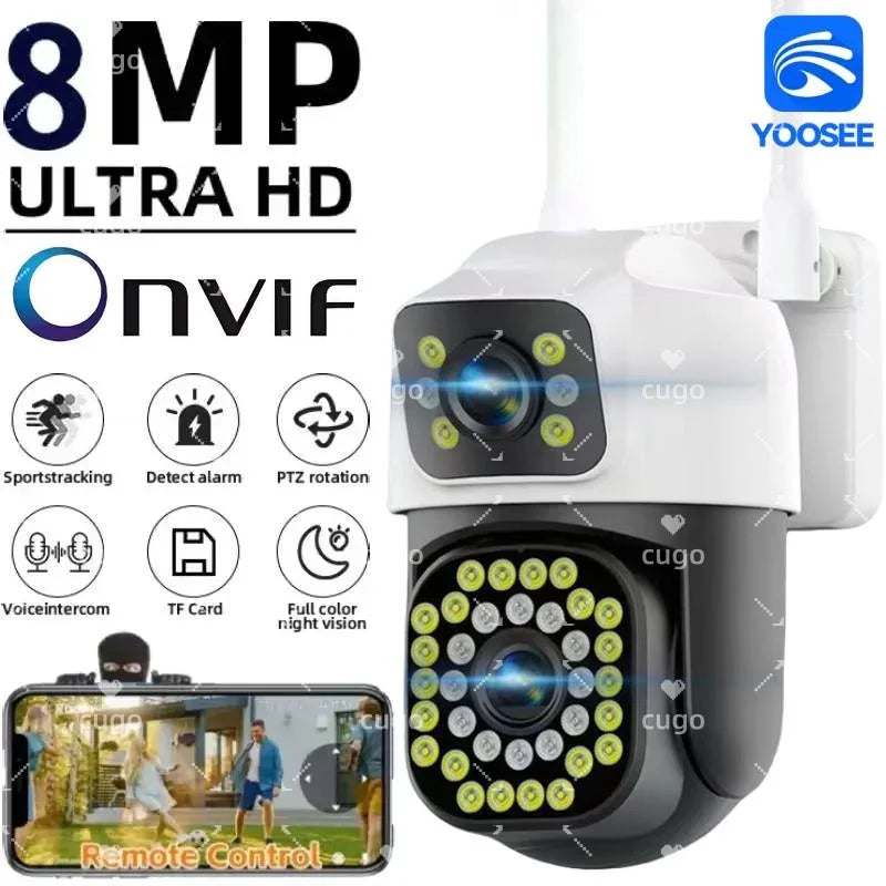8MP Dual Lens WiFi Surveillance Camera 4K Outdoor PTZ IP Camera Auto Tracking Audio Video ONVIF Security CCTV Camera YOOSEE