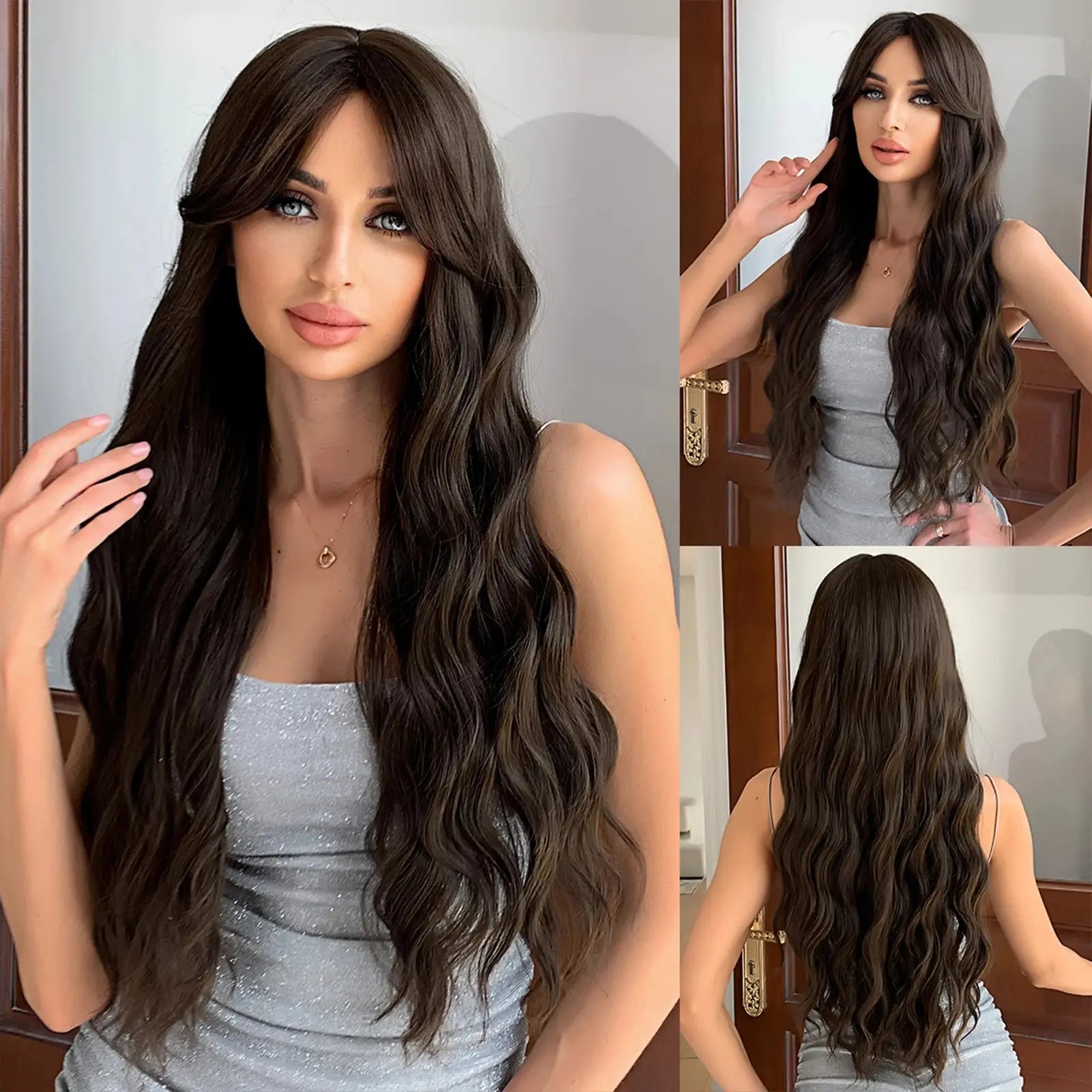 Long Water Wave Orange Synthetic Wigs for Women Wavy Natural Hair Wigs with Long Bangs Cosplay Party Wigs Heat Resistant