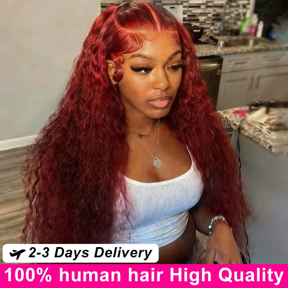 Burgundy 13x6 Hd Lace Frontal Human Hair Wig Deep Wave Curly Human Hair Wigs Water Wave Colored 99j Red 30 Inch Lace Front Wig
