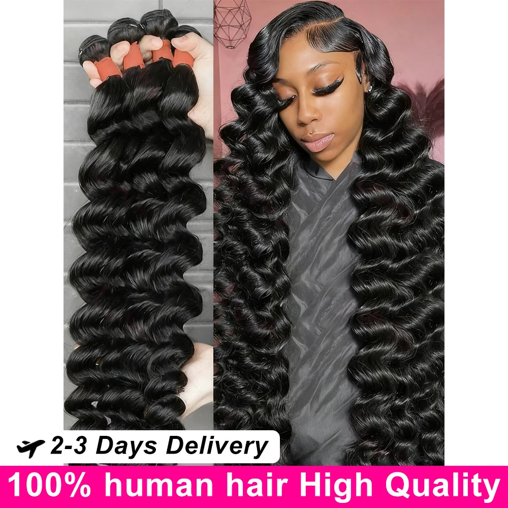 Loose Deep Wave Human Hair Bundles Curly Hair Brazilian Weaving 32 34 Inch 1/3/4 Natural Color Braiding Unprocessed Bundle