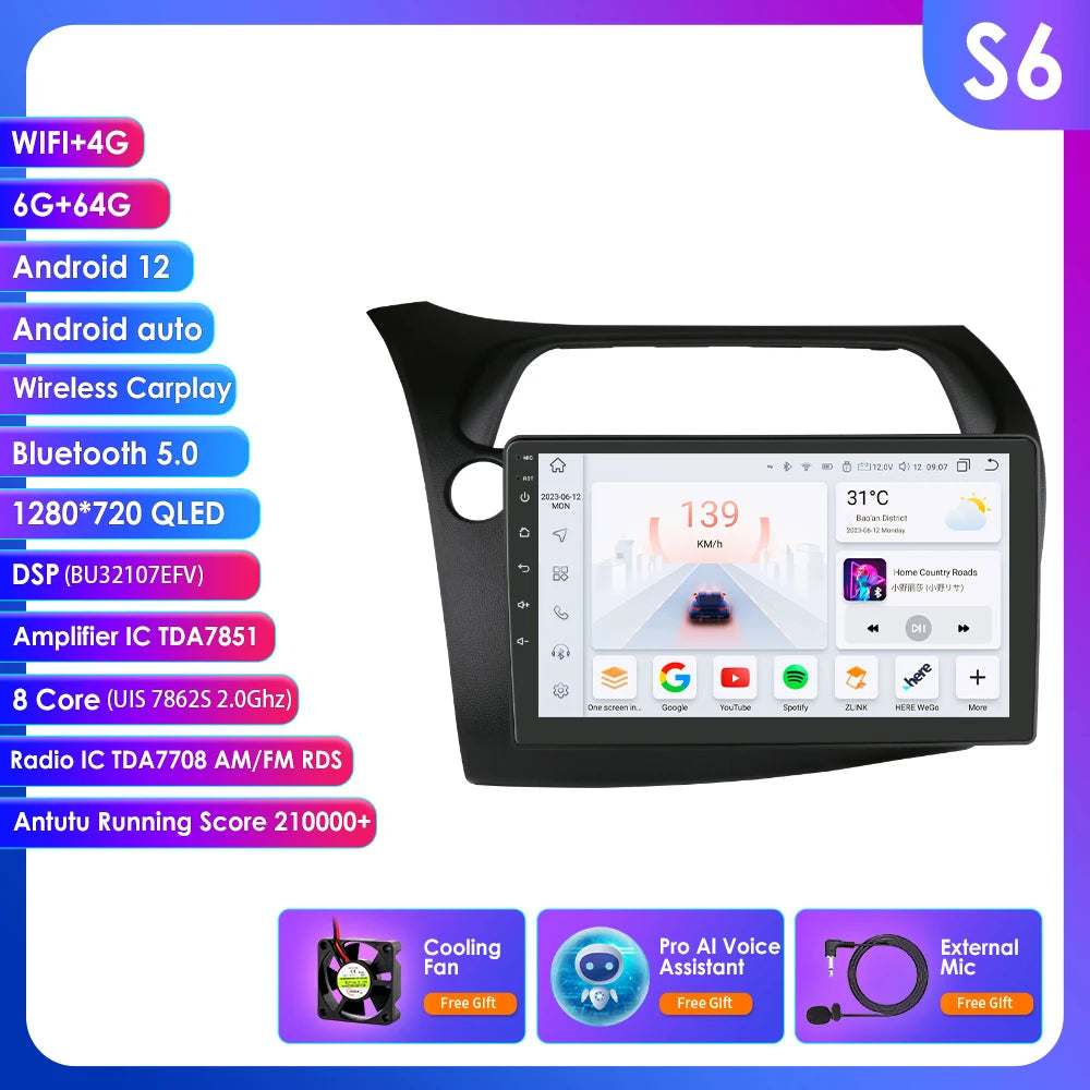 CarPlay Car Radio Multimedia Player for Honda Civic Hatchback 2005 2006 2007 2008 2009 2010 2011 Android Auto GPS 2din Autoradio