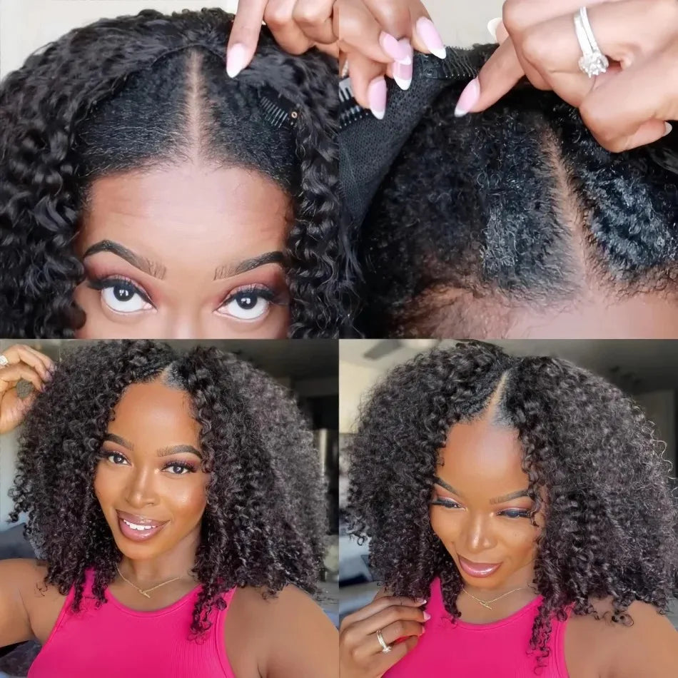 V Part Wig Kinky Curly Human Hair No Leave Out Upgrade Curly V Shape Wig Deep Wave No Glue Clip In Half Wigs Glueless Wig