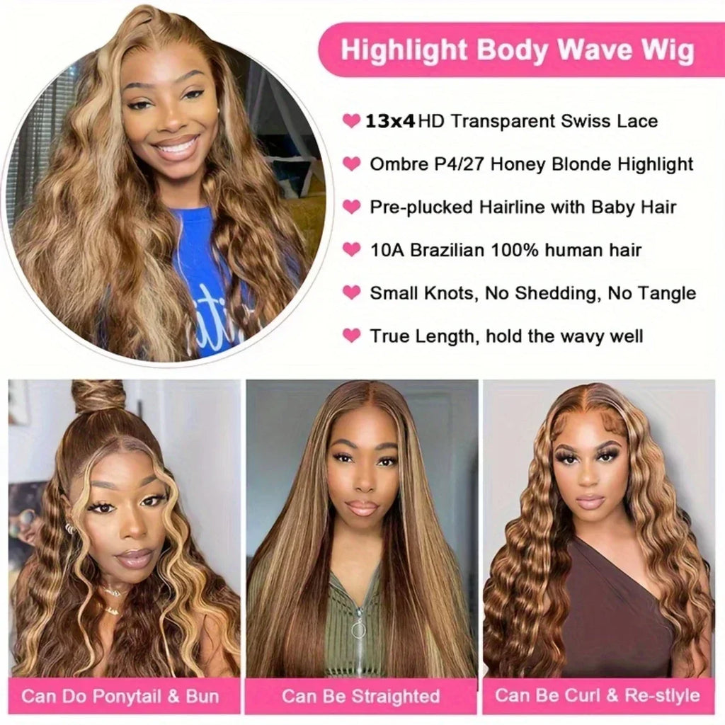13x4 13x6 Full Frontal Lace 200 Density P4/27  Prepluck Colored Body Wave Frontal Wig HD Transparent Lace Human Hair Wigs