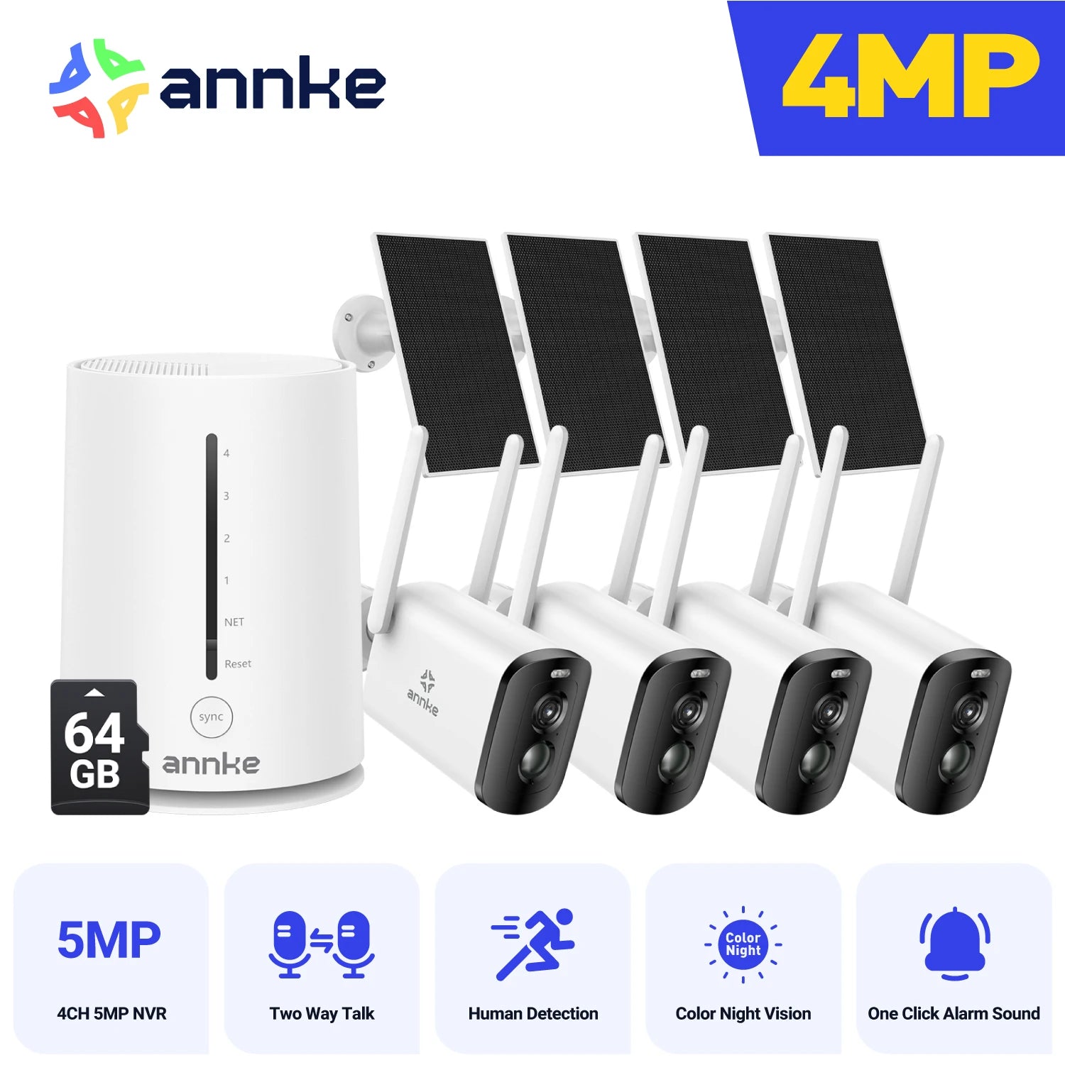 Annke 4MP solar security cameras 4CH Wireless NVR 4mm color night vision camera battery Audio 2.4G 5.8G dual-band WIFI Camera
