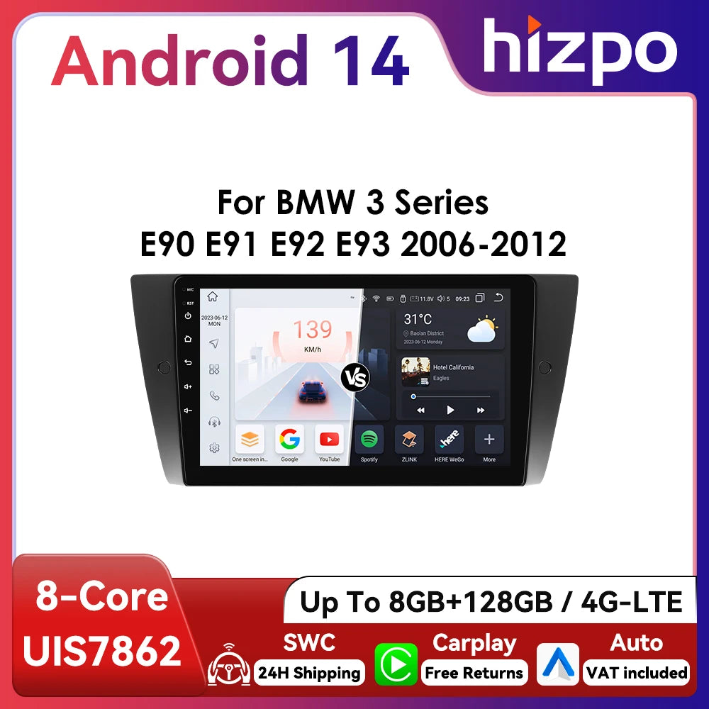 9" Hizpo 2Din Android13 Car Radio for BMW E90 E91 E92 E93 2006 - 2012 GPS Navigation RDS DSP SWC 4G BT CarPlay Autoradio
